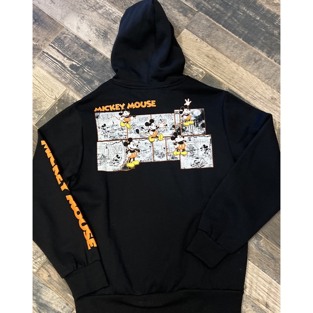 New Disney Mickey Mouse Pullover Fleece Hoodie Black Embroidered Comic Strip XL